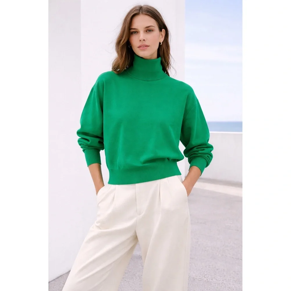 Zara Woman Green Oversized Knit Turtleneck Sweater SMALL Classic Preppy - Picture 1 of 6
